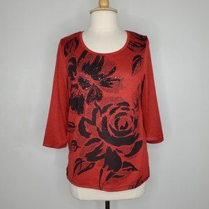 Onque Red Black Large Floral Print With Scattered Tiny Bling Pullover Top Size M